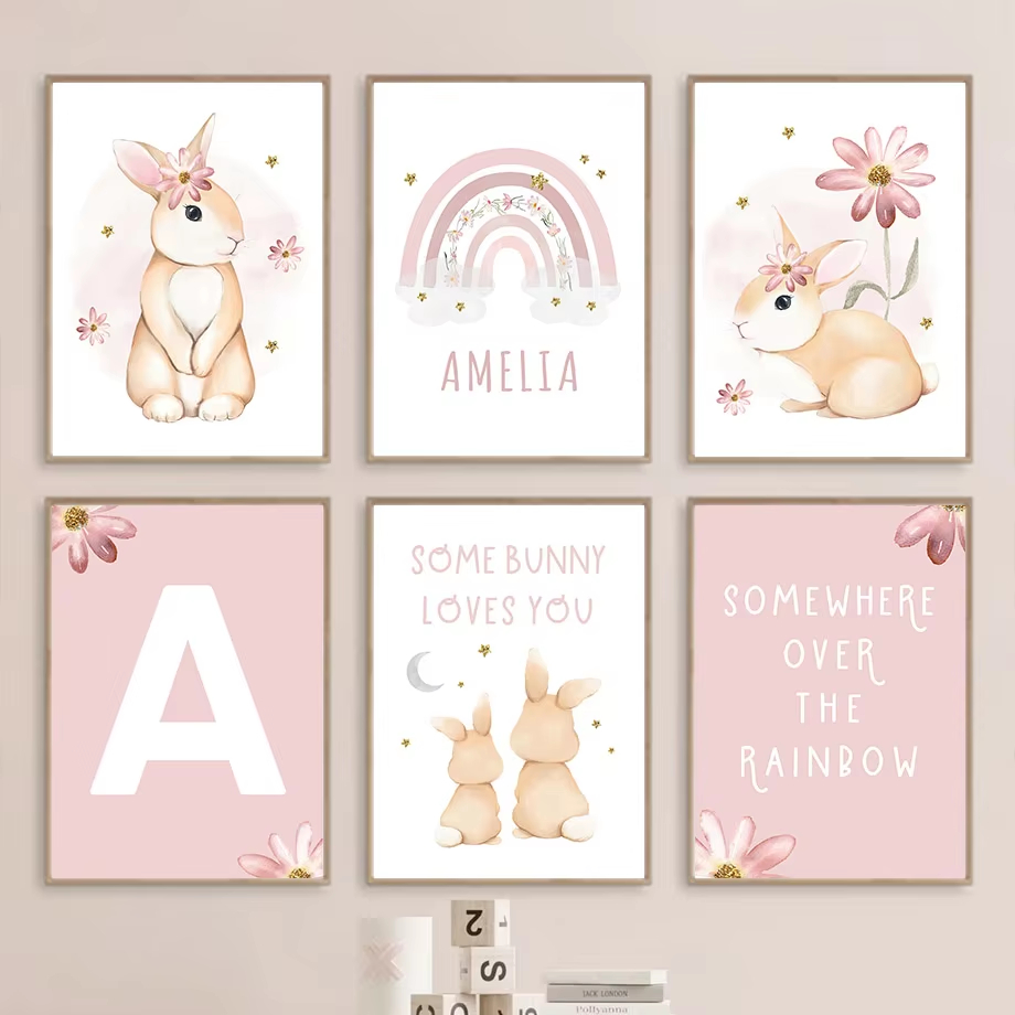 かわいい水彩ウサギ虹の花保育園壁アートキャンバス絵画漫画のポ - Baby Nursery Mirror のレビューと価格