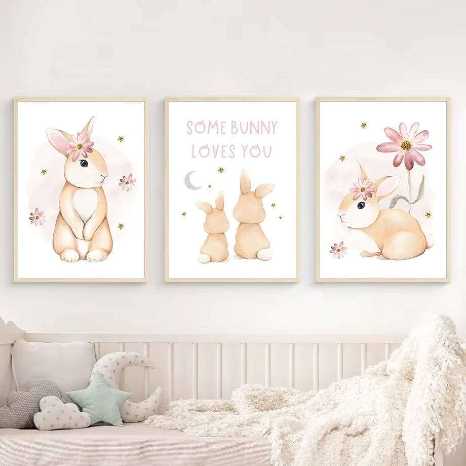 かわいい水彩ウサギ虹の花保育園壁アートキャンバス絵画漫画のポ - Baby Nursery Mirror のレビューと価格
