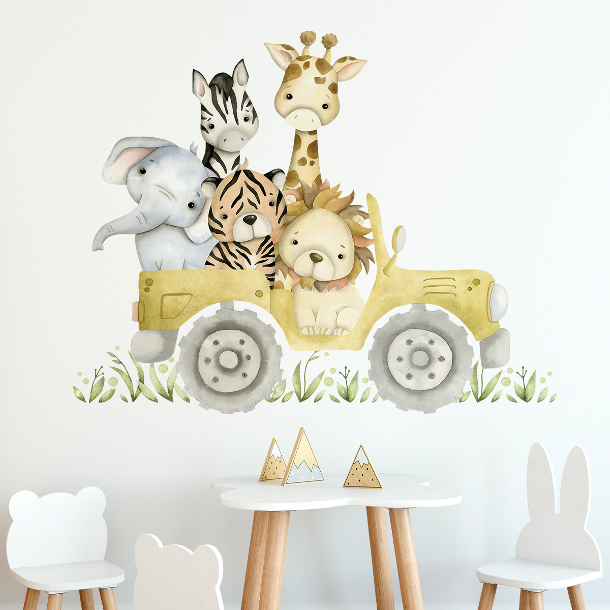 かわいい動物の漫画の壁のステッカー,ジープ,ライオン,象,キ - Baby Nursery Furniture のレビューと価格