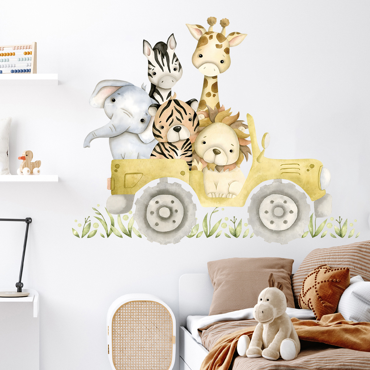 かわいい動物の漫画の壁のステッカー,ジープ,ライオン,象,キ - Baby Nursery Furniture のレビューと価格