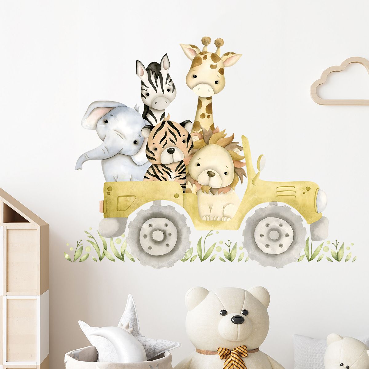 かわいい動物の漫画の壁のステッカー,ジープ,ライオン,象,キ - Baby Nursery Furniture のレビューと価格