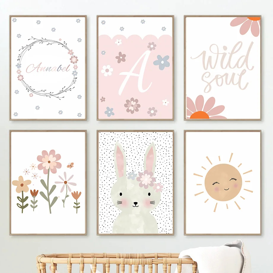 自由奔放に生きるウサギの花太陽虹保育園壁アートキャンバス絵画 - Baby Nursery Mirror のレビューと価格