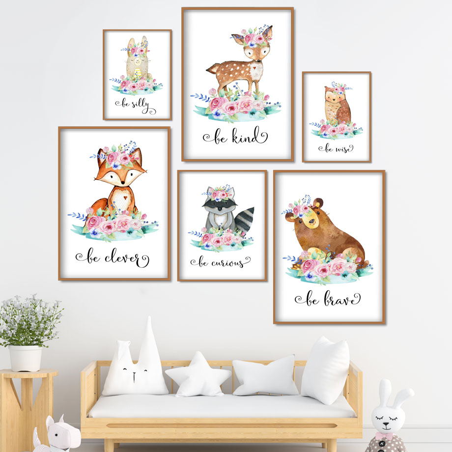 漫画キツネ鹿ウサギ赤ちゃん動物壁アートキャンバス絵画北欧ポス - Baby Nursery Mirror のレビューと価格