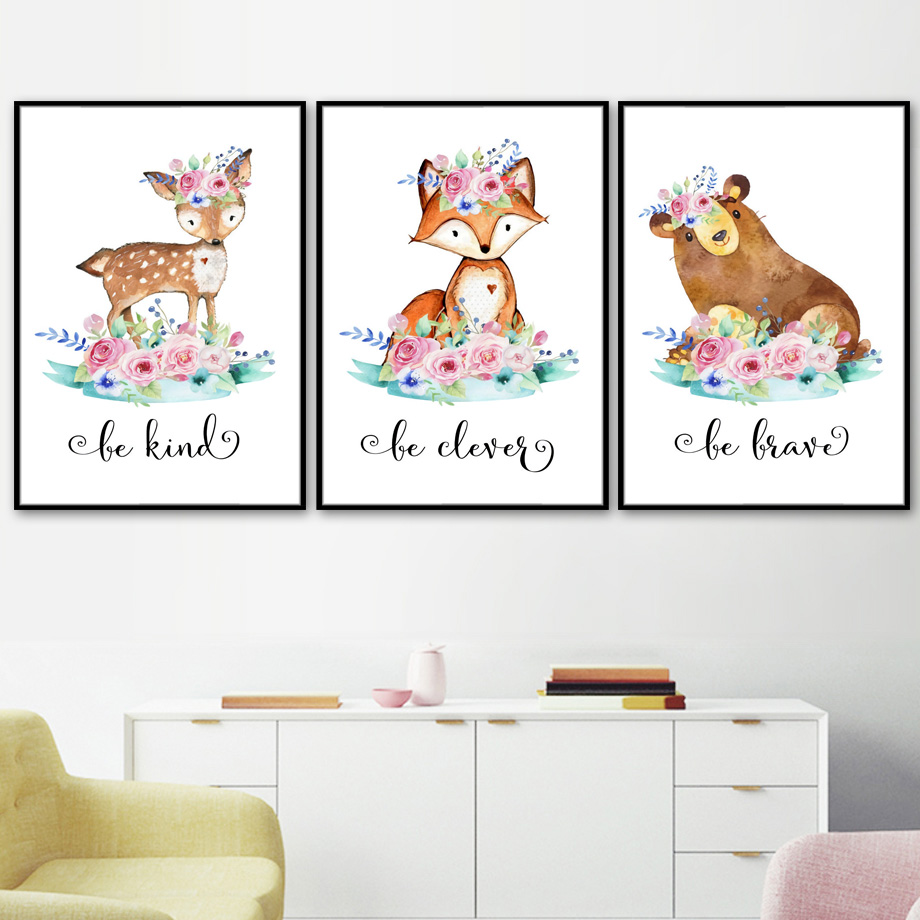 漫画キツネ鹿ウサギ赤ちゃん動物壁アートキャンバス絵画北欧ポス - Baby Nursery Mirror のレビューと価格