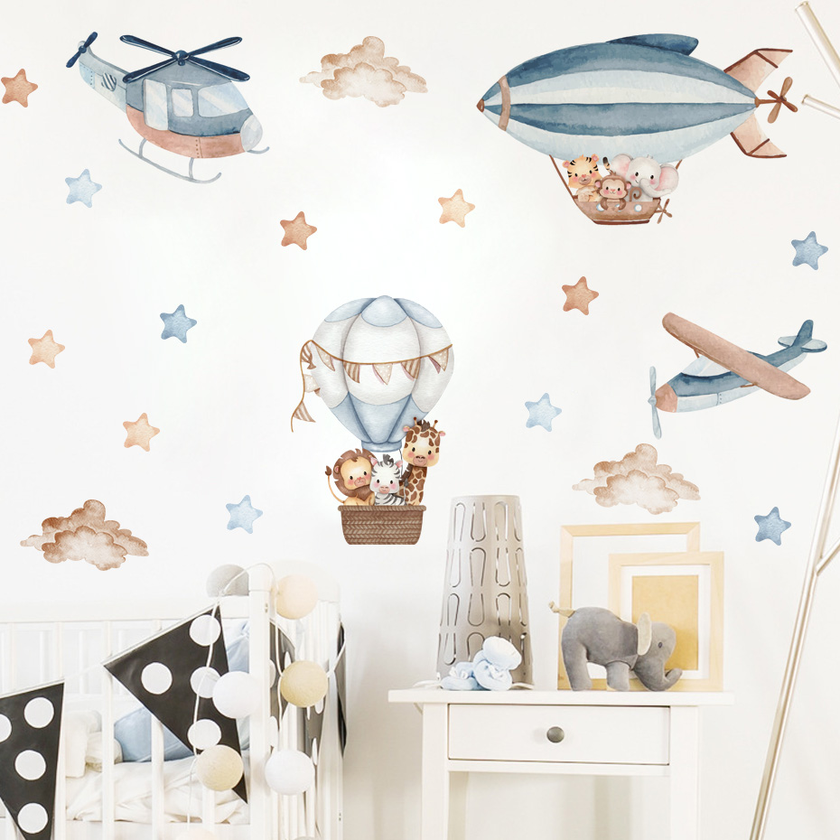 水彩動物熱気球雲ウォールステッカーキッズルームベビー保育園ル - Baby Nursery Labels のレビューと価格