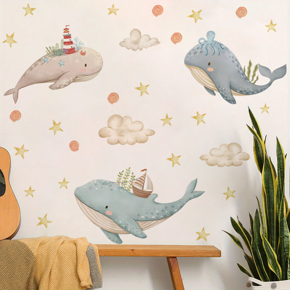 漫画海洋クジラスターウォールステッカー海洋動物ウォールデカー - Baby Nursery Ocean のレビューと価格