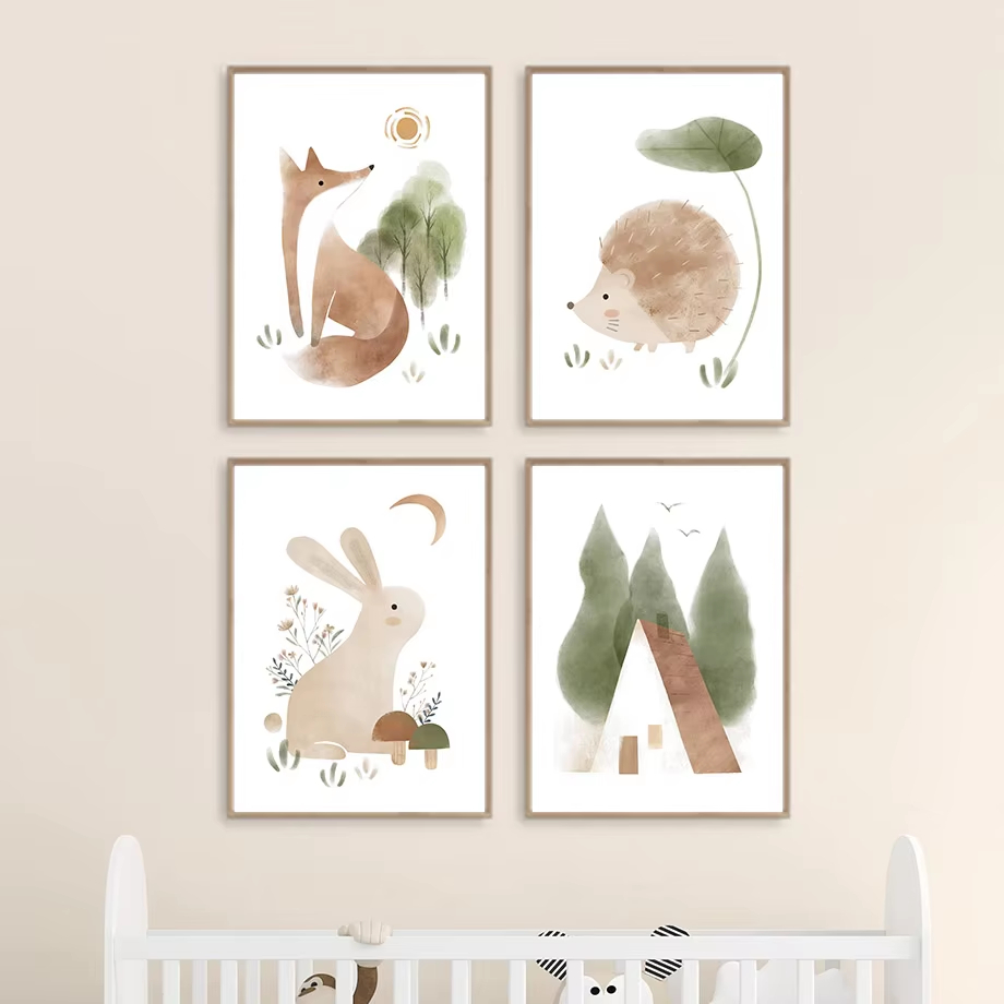 ボヘミアン風ウサギキツネハリネズミ鳥葉の子供部屋の壁アートキ - Baby Nursery Mirror のレビューと価格