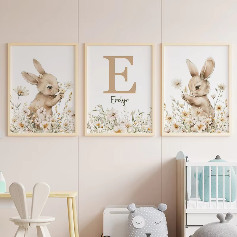 秋のウサギの野生の花デイジー保育園壁アートキャンバス絵画北欧 - Baby Nursery Mirror のレビューと価格