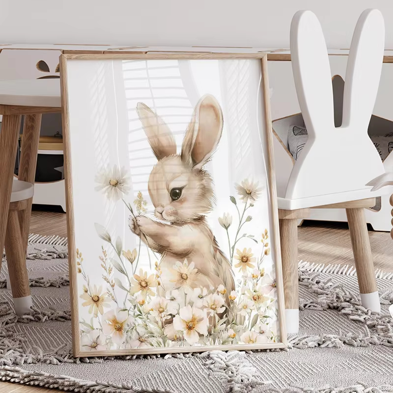 秋のウサギの野生の花デイジー保育園壁アートキャンバス絵画北欧 - Baby Nursery Mirror のレビューと価格