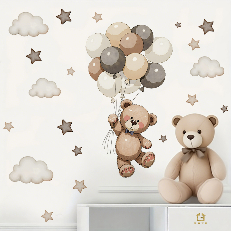 愛らしいテディベアの壁用ステッカー、風船、星、雲付きの取り外 - Baby Nursery Furniture のレビューと価格
