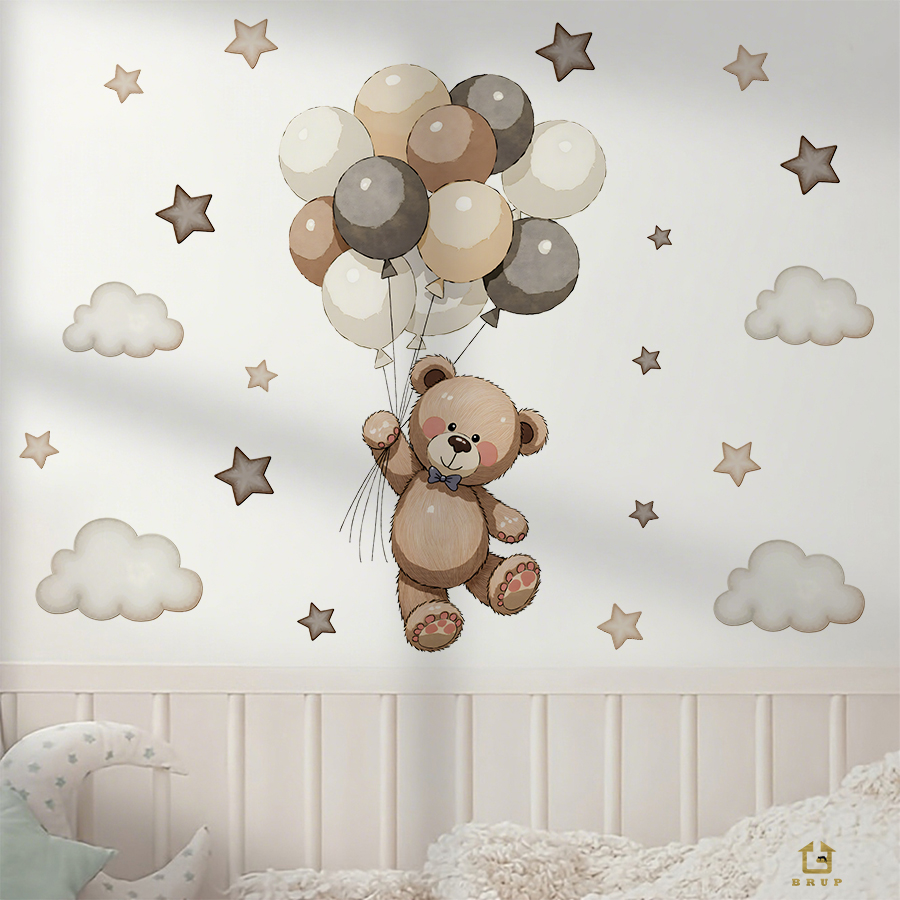 愛らしいテディベアの壁用ステッカー、風船、星、雲付きの取り外 - Baby Nursery Furniture のレビューと価格