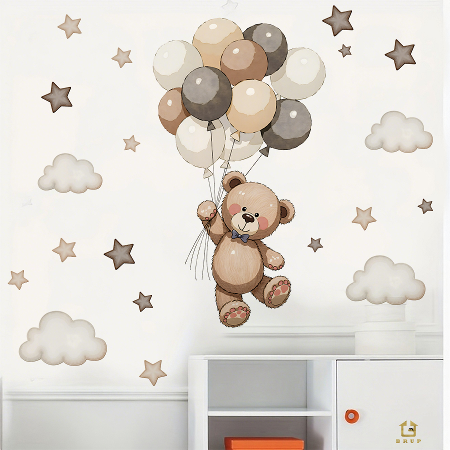 愛らしいテディベアの壁用ステッカー、風船、星、雲付きの取り外 - Baby Nursery Furniture のレビューと価格