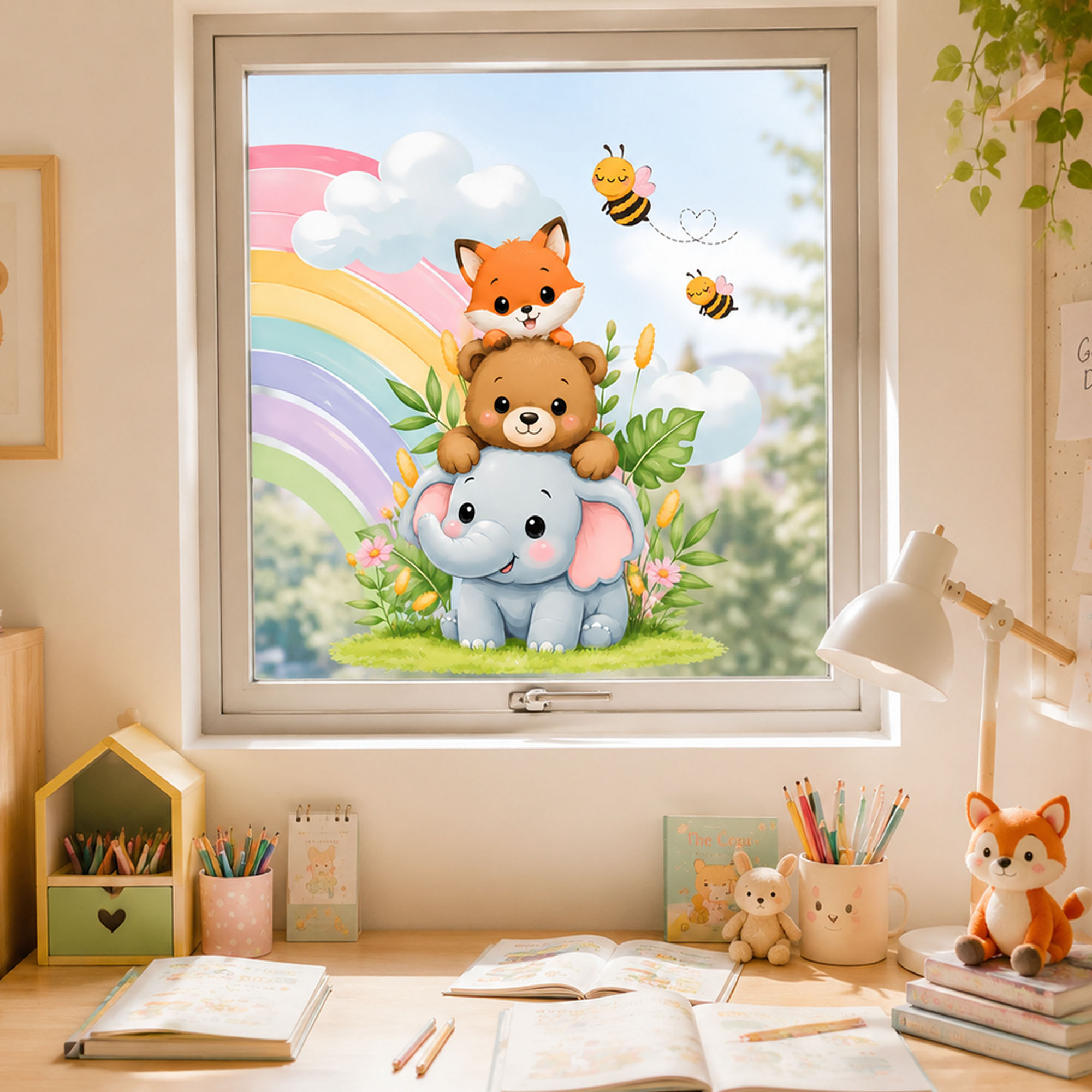 かわいい象、クマ、キツネのウィンドウフィルム、積み重ね可能な - Baby Nursery Labels のレビューと価格
