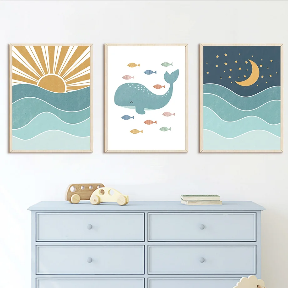 1pc フレームレス魚クジラカモメ日の出日没ビーチ海の引用句 - Baby Nursery Ocean のレビューと価格