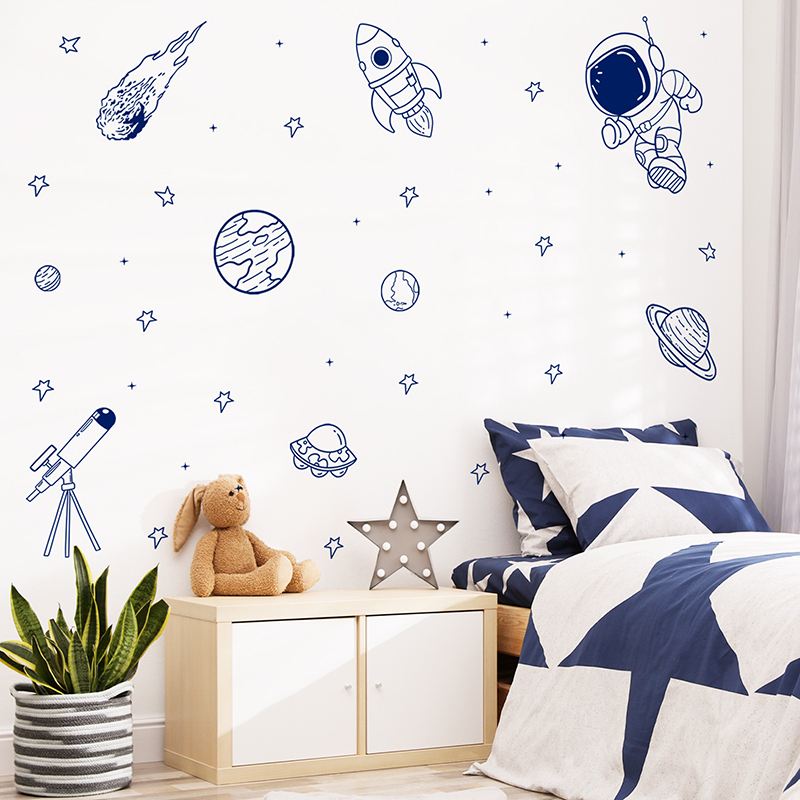 漫画宇宙宇宙飛行士惑星ロケットウォールステッカー自己粘着子供 - Baby Nursery Furniture のレビューと価格