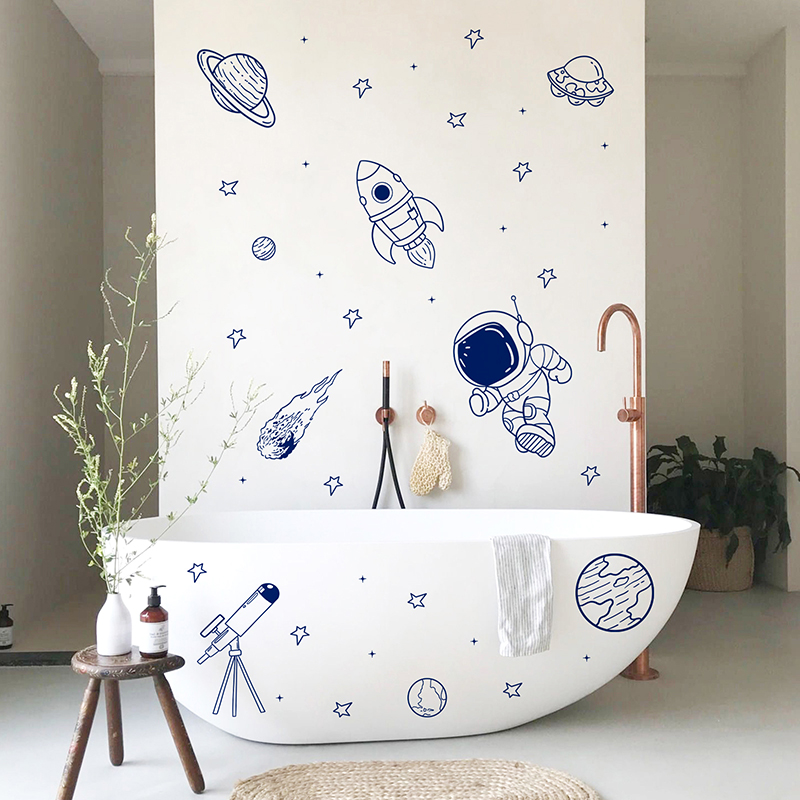 漫画宇宙宇宙飛行士惑星ロケットウォールステッカー自己粘着子供 - Baby Nursery Furniture のレビューと価格