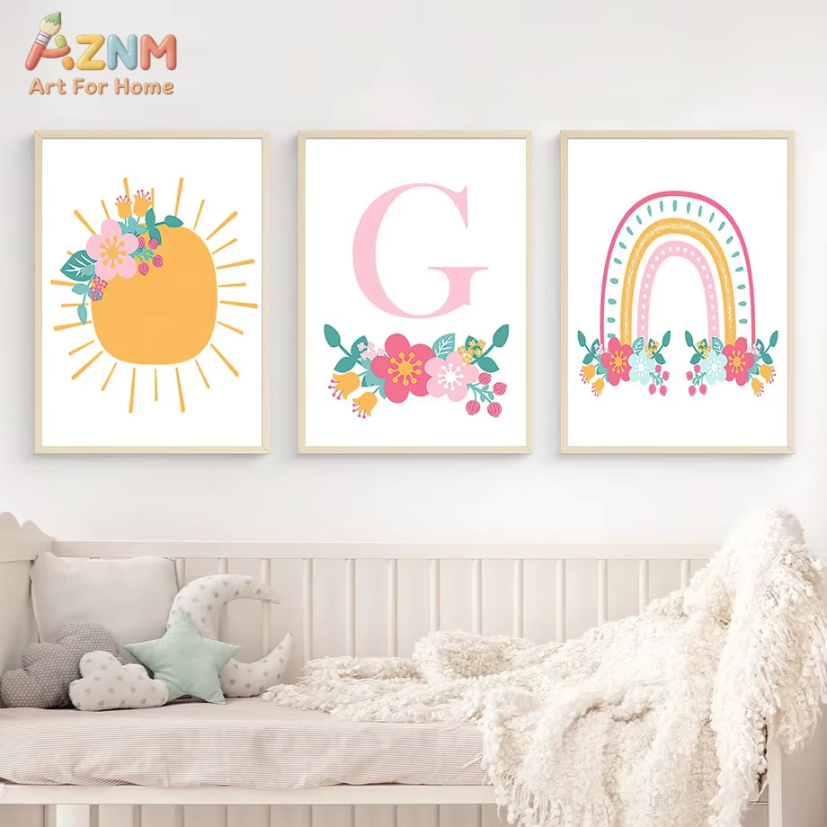 かわいい太陽虹雲星花保育園壁アートキャンバス絵画漫画ポスター - Baby Nursery Mirror のレビューと価格