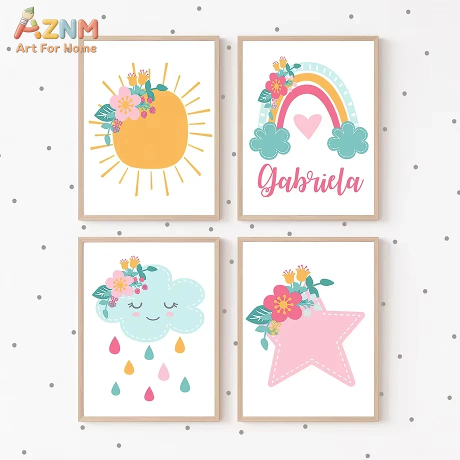 かわいい太陽虹雲星花保育園壁アートキャンバス絵画漫画ポスター - Baby Nursery Mirror のレビューと価格