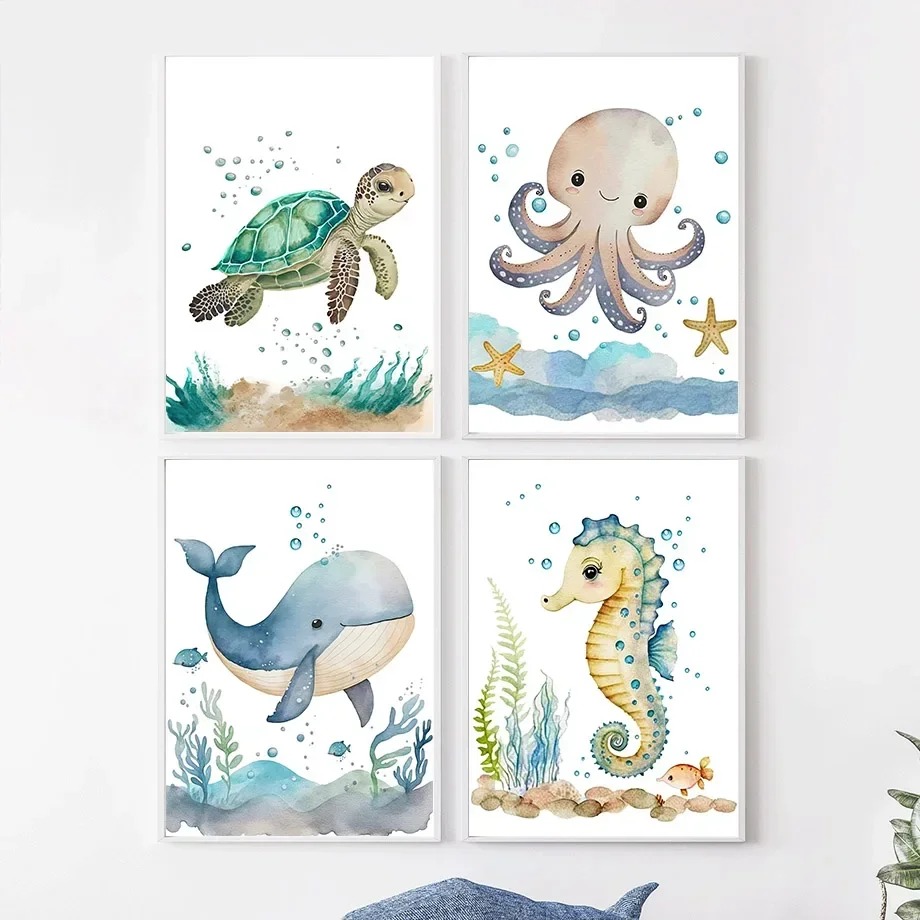 かわいいクジラ、タツノオトシゴ、タコ、カニ、カメのウォールア - Baby Nursery Ocean のレビューと価格
