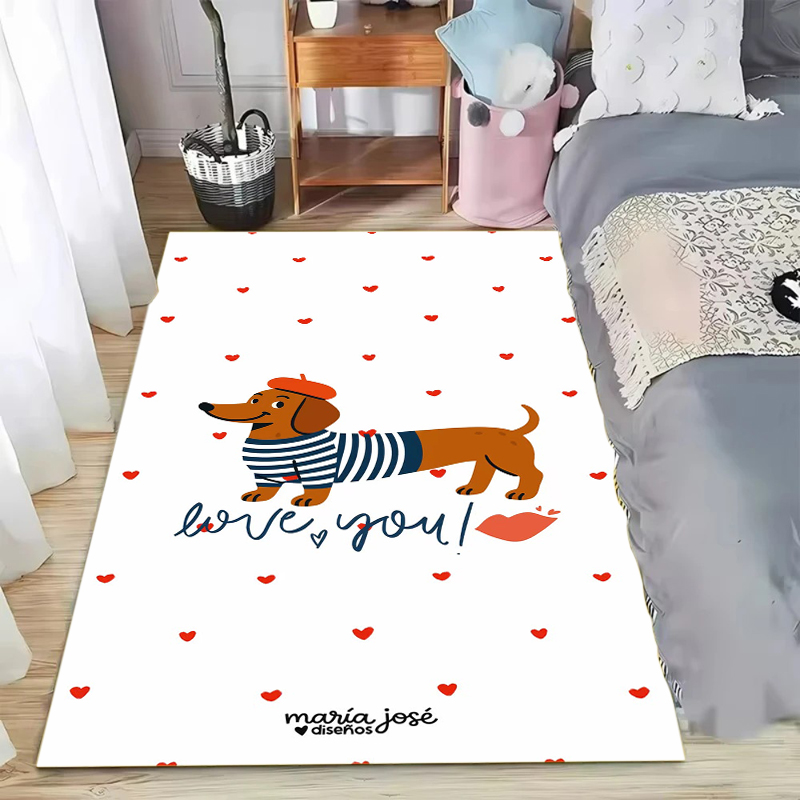 漫画風ダックスフント柄エリアラグ、柔らかく滑り止め、洗濯可能 - Soft Rug Nursery のレビューと価格