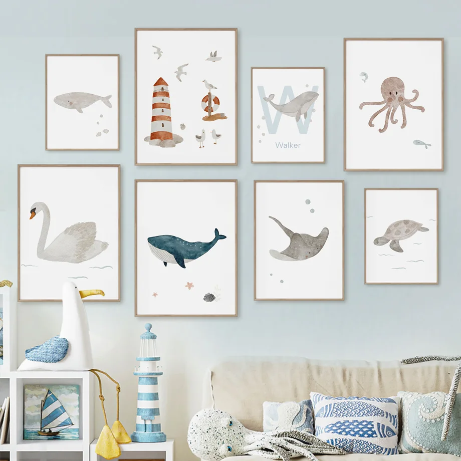 子供部屋,ポスター,写真,壁アート,海の動物,クジラ,タコ, - Baby Nursery Ocean のレビューと価格