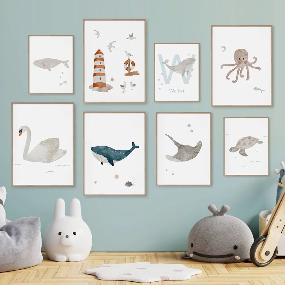 子供部屋,ポスター,写真,壁アート,海の動物,クジラ,タコ, - Baby Nursery Ocean のレビューと価格