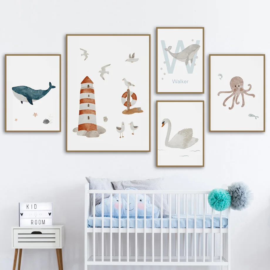 子供部屋,ポスター,写真,壁アート,海の動物,クジラ,タコ, - Baby Nursery Ocean のレビューと価格