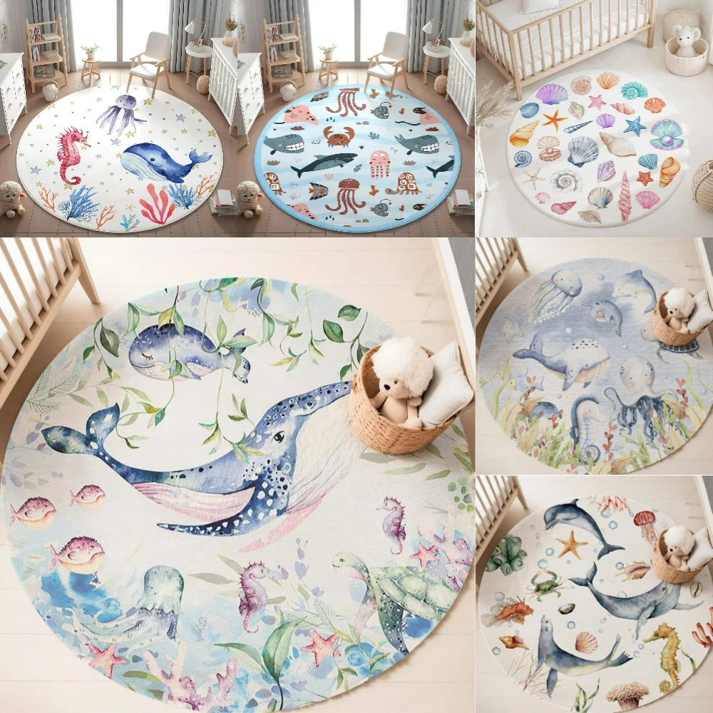 ブルーマリンアニマルラウンドカーペット リビングルーム用 女 - Soft Rug Nursery のレビューと価格